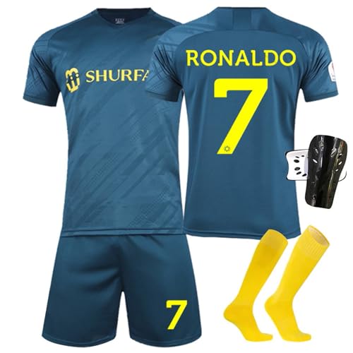 BOSSETY Trikot für Kinder und Erwachsene Al NASSR FC No.7 Fußball Trikot Heim/Auswärtstrikot Fussball Trikots Football Jersey Nr.7 Top Shorts Socken Schienbeinschoner 4-in-1 Set für Junge Herren Anzug von BOSSETY