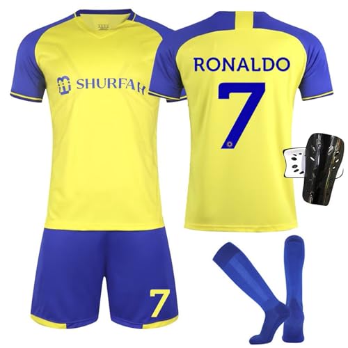BOSSETY Trikot für Kinder und Erwachsene Al NASSR FC No.7 Fußball Trikot Heim/Auswärtstrikot Fussball Trikots Football Jersey Nr.7 Top Shorts Socken Schienbeinschoner 4-in-1 Set für Junge Herren Anzug von BOSSETY
