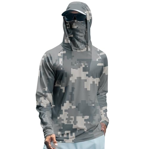 BOSSETY UV Shirt Herren UPF 50+ Kapuzenpullover Shirt mit Integrierte Nackenmaske Sommer Sonnenschutz Camouflage Langarm Kapuzenshirt Schnelltrocknend Atmungsaktives Rashguard Angeln Outdoor Wandern von BOSSETY