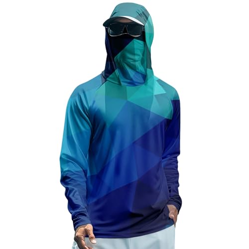 BOSSETY UV Shirt Herren UPF 50+ Kapuzenpullover Shirt mit Integrierte Nackenmaske Sommer Sonnenschutz Camouflage Langarm Kapuzenshirt Schnelltrocknend Atmungsaktives Rashguard Angeln Outdoor Wandern von BOSSETY