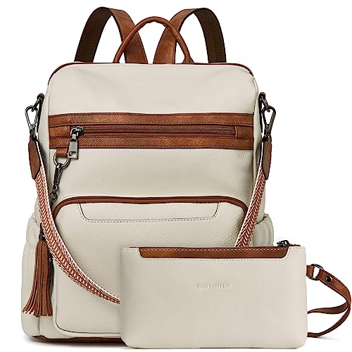 BOSTANTEN 2 Pieces Leder Rucksack Damen Freizeitrucksack Reise Handtasche Rucksackhandtasche Tagesrucksack mit Handgelenktasche Beige von BOSTANTEN