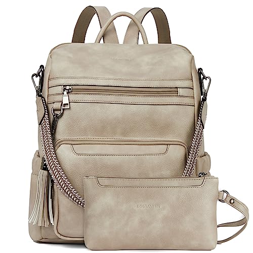 BOSTANTEN 2 Pieces Leder Rucksack Damen Freizeitrucksack Reise Handtasche Rucksackhandtasche Tagesrucksack mit Handgelenktasche Grau von BOSTANTEN