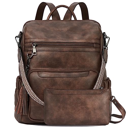 BOSTANTEN 2 Pieces Leder Rucksack Damen Freizeitrucksack Reise Handtasche Rucksackhandtasche Tagesrucksack mit Handgelenktasche Kaffee von BOSTANTEN