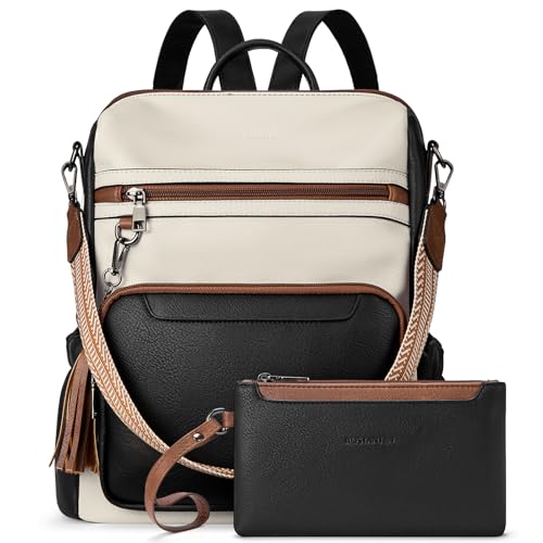 BOSTANTEN 2 Pieces Leder Rucksack Damen Freizeitrucksack Reise Handtasche Rucksackhandtasche Tagesrucksack mit Handgelenktasche Schwarz Braun von BOSTANTEN