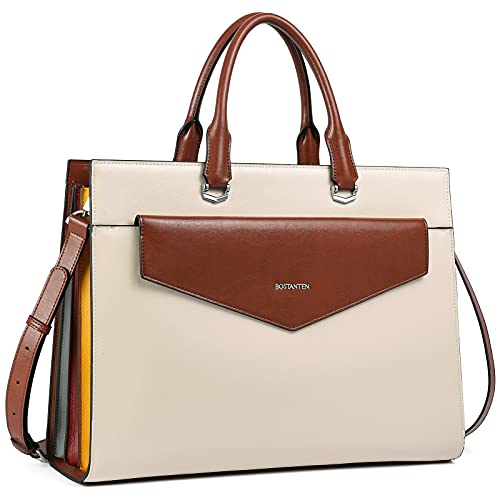 BOSTANTEN Damen Aktentaschen Leder Laptop Schultertasche 15.6 Zoll Frauen Arbeitstasche Businesstasche Groß Beige von BOSTANTEN