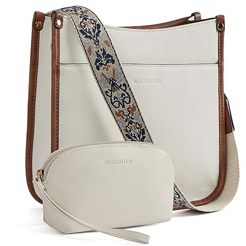 BOSTANTEN Damen Handtasche Kleine Umhängetasche PU Leder Schultertasche mit Geldbörse für Frauen Crossbody Bags mit verstellbarem Farbigem Riemen,Beige mit Braun von BOSTANTEN