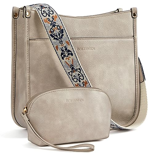 BOSTANTEN Damen Handtasche Kleine Umhängetasche PU Leder Schultertasche mit Geldbörse für Frauen Crossbody Bags mit verstellbarem Farbigem Riemen,Grau von BOSTANTEN