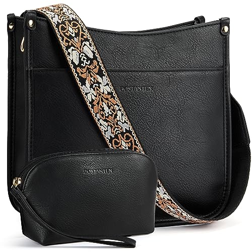 BOSTANTEN Damen Handtasche Kleine Umhängetasche PU Leder Schultertasche mit Geldbörse für Frauen Crossbody Bags mit verstellbarem Farbigem Riemen,Schwarz von BOSTANTEN