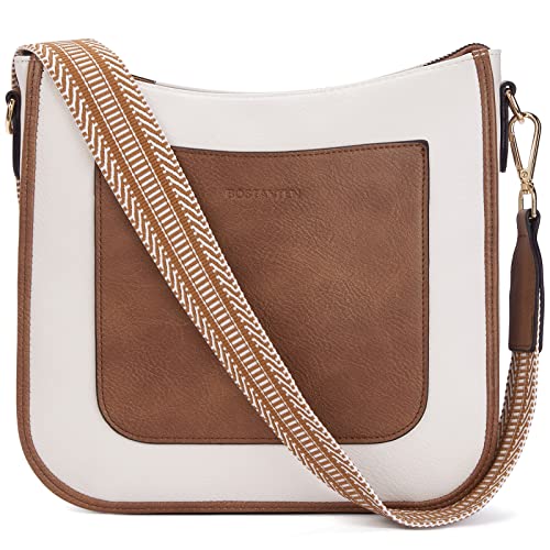 BOSTANTEN Damen Handtasche Kleine Umhängetasche aus PU Leder Schultertasche für Frauen Crossbody Bags mit verstellbarem Farbigem Riemen,Beige+Braun von BOSTANTEN