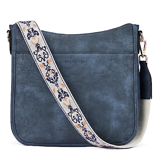 BOSTANTEN Damen Handtasche Kleine Umhängetasche aus PU Leder Schultertasche für Frauen Crossbody Bags mit verstellbarem Farbigem Riemen - Dunkelblau von BOSTANTEN