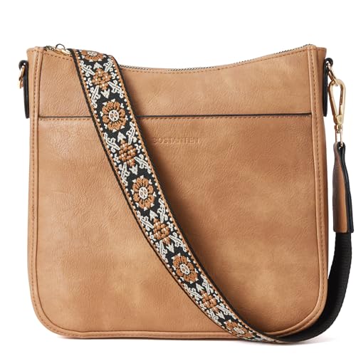 BOSTANTEN Handtasche Damen Mittelgroß Umhängetasche Crossbody Bags Leder Schultertasche für Frauen Shopper Tasche mit Verstellbarem Farbigem Riemen Hellbraun von BOSTANTEN