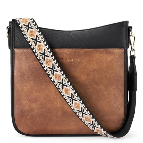 BOSTANTEN Damen Handtasche Kleine Umhängetasche aus PU Leder Schultertasche für Frauen Crossbody Bags mit verstellbarem Farbigem Riemen-Schwarz mit Braun von BOSTANTEN