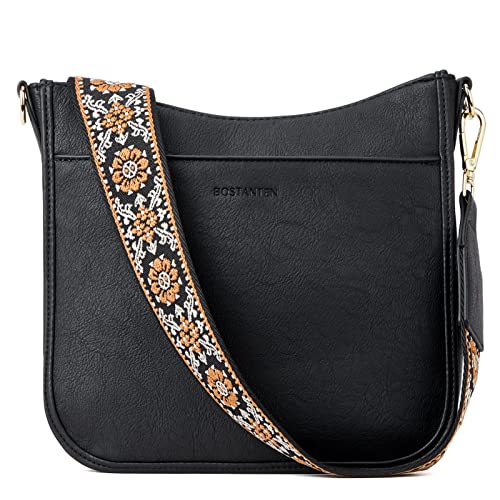 BOSTANTEN Damen Handtasche Kleine Umhängetasche aus PU Leder Schultertasche für Frauen Crossbody Bags mit verstellbarem Farbigem Riemen - Schwarz von BOSTANTEN