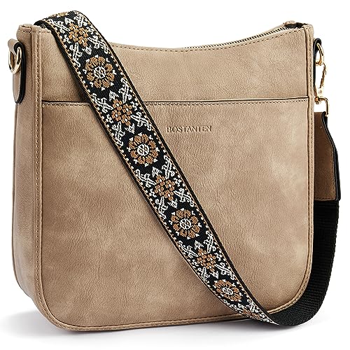 BOSTANTEN Handtasche Damen Mittelgroß Umhängetasche Crossbody Bags Leder Schultertasche für Frauen Shopper Tasche mit Verstellbarem Farbigem Riemen Zimt Hellbraun von BOSTANTEN