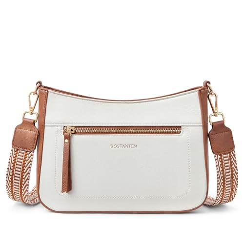 BOSTANTEN Damen Umhängetasche Klein, Damen Handtasche PU Leder Schultertasche für Frauen Crossbody Bag mit verstellbarem Farbigem Riemen,Beige mit Braun von BOSTANTEN