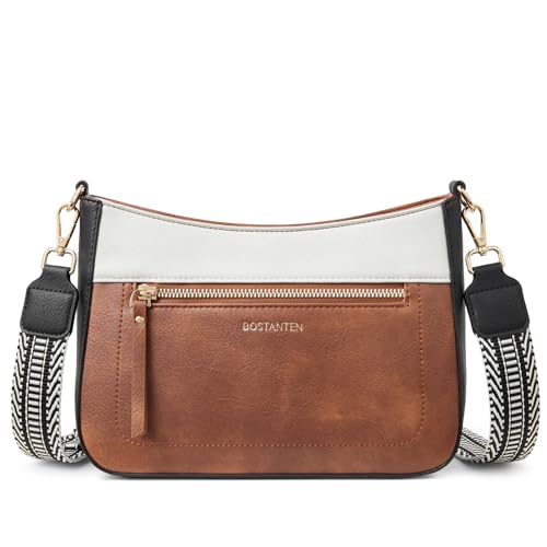 BOSTANTEN Damen Umhängetasche Klein, Damen Handtasche PU Leder Schultertasche für Frauen Crossbody Bag mit verstellbarem Farbigem Riemen,Beige mit Schwarz von BOSTANTEN