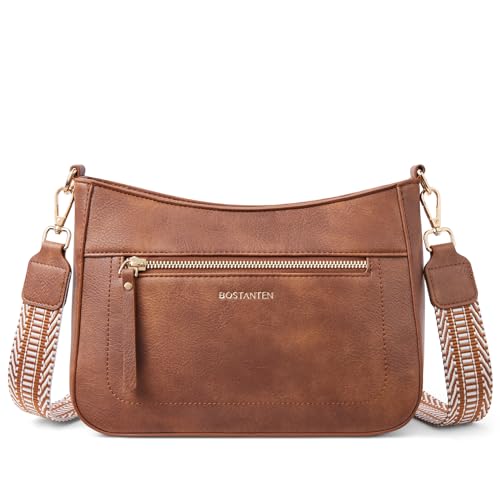 BOSTANTEN Damen Umhängetasche Klein, Damen Handtasche PU Leder Schultertasche für Frauen Crossbody Bag mit verstellbarem Farbigem Riemen,Braun von BOSTANTEN