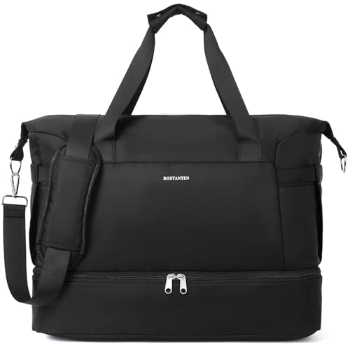 BOSTANTEN Duffel Bag Damen, Faltbare Reisetasche Canvas Sporttasche mit Schuhfach Weekender Tasche Groß Handgepäck Umhängetasche Schwarz von BOSTANTEN