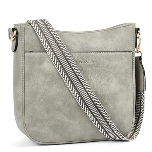 BOSTANTEN Handtasche Damen Mittelgroß Umhängetasche Crossbody Bags Leder Schultertasche für Frauen Shopper Tasche mit Verstellbarem Farbigem Riemen Grau von BOSTANTEN