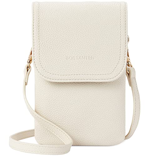 BOSTANTEN Klein Handytasche zum Umhängen, PU Leder Handy Umhängetasche Damen, Handytasche mit Geldbörse zum Umhängen, handtasche damen umhängetasche für Designer Beige weiß von BOSTANTEN
