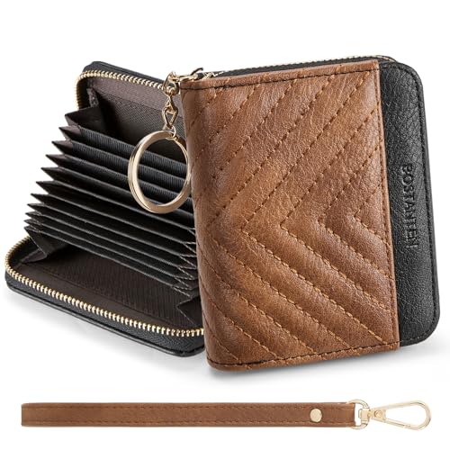 BOSTANTEN Kreditkartenetui, Geldbörse RFID-Schutz, PU Leder kleine Geldbörse für Damen Portemonnaie Card Holder mit Armband,Schwarz mit Braun von BOSTANTEN