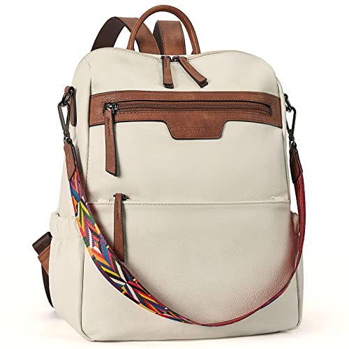 BOSTANTEN Leder Rucksack Damen Freizeitrucksack Reise Handtasche Rucksackhandtasche Tagesrucksack für Frauen Mädchen Beige von BOSTANTEN