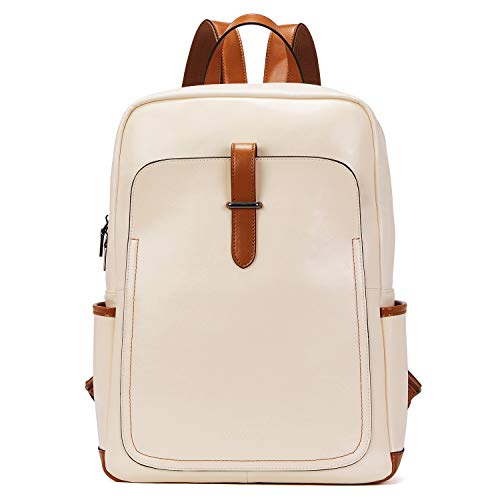 BOSTANTEN Leder Rucksack Damen Schulrucksack 15.6 Zoll Laptoprucksack Tagesrucksack Große Kapazität Casual Backpack Daypacks Beige von BOSTANTEN