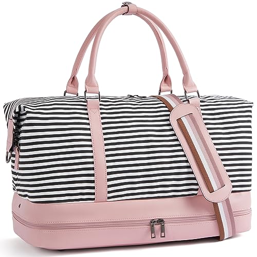 BOSTANTEN Reisetasche Damen, Faltbare Sporttasche Overnight Weekender Handgepäck für Frauen, Canvas Tasche Größe Duffel Taschen mit PU-Leder Schuhfach (Rosa) von BOSTANTEN