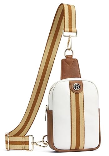 BOSTANTEN Sling Bag Brusttasche, Crossbody Kleine Umhängetasche Damen Bauchtasche PU Leder Schultertasche mit Bunt Gewebter Schultergurt, Beige mit Braun von BOSTANTEN