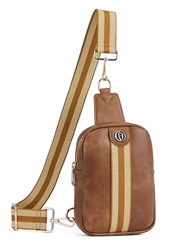 BOSTANTEN Sling Bag Brusttasche, Crossbody Kleine Umhängetasche Damen Bauchtasche PU Leder Schultertasche mit Bunt Gewebter Schultergurt, Braun von BOSTANTEN