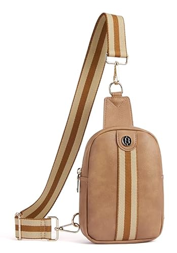 BOSTANTEN Sling Bag Brusttasche, Crossbody Kleine Umhängetasche Damen Bauchtasche PU Leder Schultertasche mit Bunt Gewebter Schultergurt, Hellbraun von BOSTANTEN