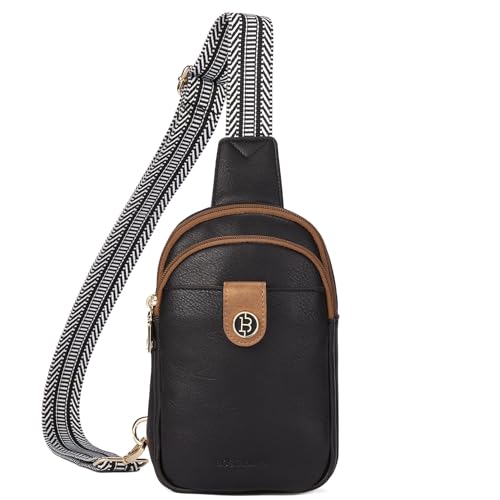 BOSTANTEN Sling Bag für Damen Brusttasche PU Leder Crossbody Bag Klein Umhängetasche Multipurpose Daypack, Schwarz mit Braun von BOSTANTEN