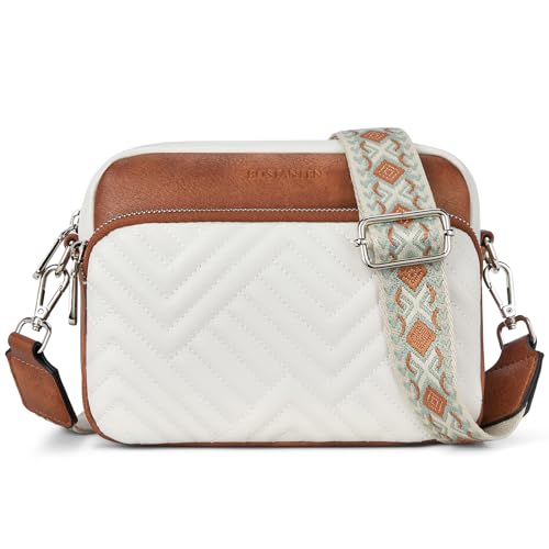 BOSTANTEN Umhängetasche Damen, Klein Handtasche Damen Umhängetasche Crossbody Bag mit Breitem Gurt Handytasche Zum Umhängen Frauen,Beige mit Braun von BOSTANTEN