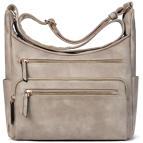 BOSTANTEN Umhängetasche Damen Kleine Schultertasche Handtasche für Frauen PU Leder Crossbody Bag Multifunktionale Messenger Bag für Arbeit Schule Einkaufen,Grau von BOSTANTEN