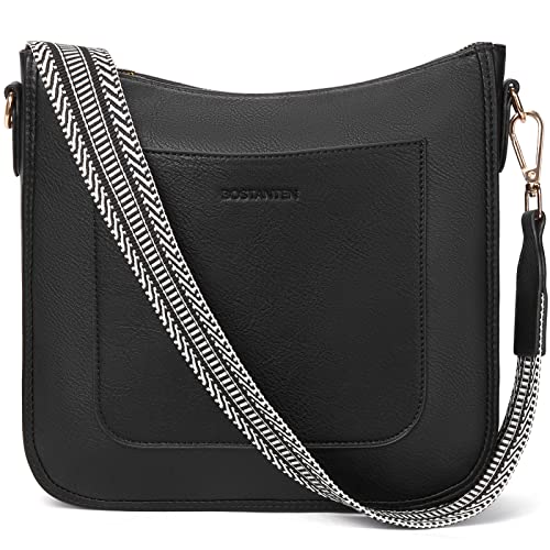 BOSTANTEN umhängetasche damen mittelgroß Handtaschen damen-schultertaschen aus PU Leder shopper tasche für Frauen Hobo Crossbody Bags mit verstellbarem Farbigem Riemen Schwarz von BOSTANTEN