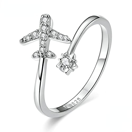 Personalisierter Ring, exquisiter Ring，Ringe Frauen fliegendes Flugzeug offene Fingerringe for Frauen klar CZ verstellbare Ringe 925 Sterling Silber Schmuck Bijoux (Color : Silver) von BOSUGE