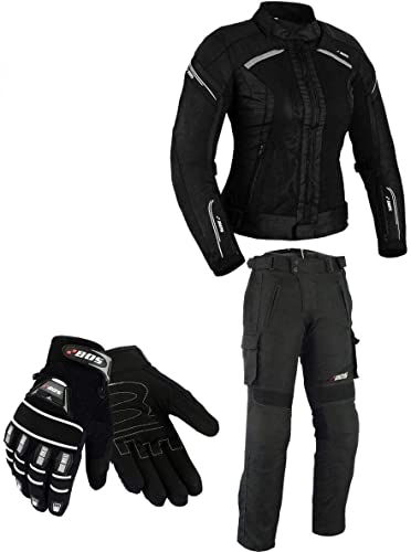 BOSmoto DAMEN MOTORRADKOMBI JACKE + HOSE + HANDSCHUHEN - BIKE MOTORRAD ROCKER TOURING,Sommer (L), Schwarz von BOSmoto