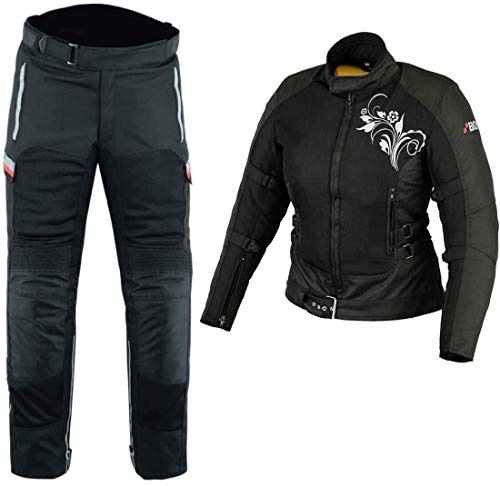 BOSmoto DAMEN MOTORRADKOMBI JACKE + HOSE + HANDSCHUHEN - BIKE MOTORRAD ROCKER TOURING in verschiedenen farben (L, Schwarz) von BOSmoto