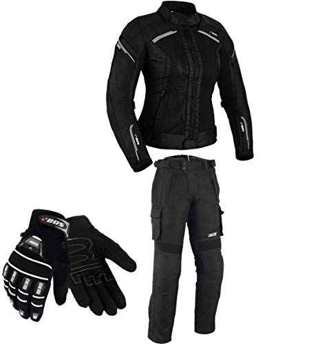 DAMEN MOTORRADKOMBI JACKE + HOSE + HANDSCHUHEN - BIKE MOTORRAD ROCKER TOURING in verschiedenen farben (L, Schwarz) von BOSmoto
