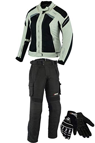 BOSmoto DAMEN MOTORRADKOMBI JACKE + HOSE + HANDSCHUHEN - BIKE MOTORRAD ROCKER TOURING in verschiedenen farben (M, Grau) von BOSmoto