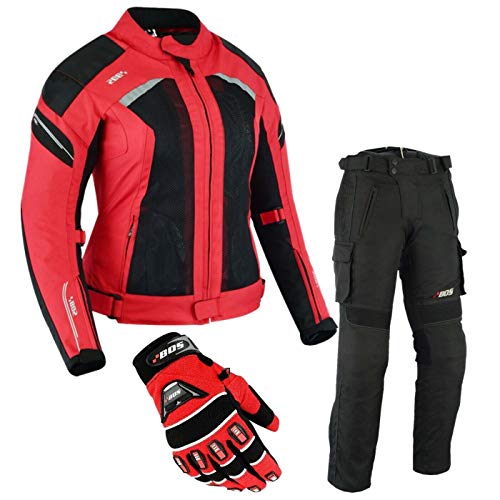 BOSmoto DAMEN MOTORRADKOMBI JACKE + HOSE + HANDSCHUHEN - BIKE MOTORRAD ROCKER TOURING in verschiedenen farben (M, Rot) von BOSmoto