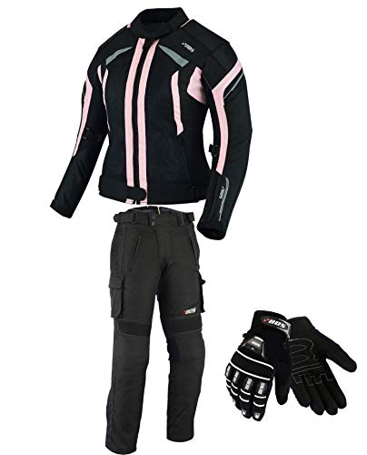 BOSmoto DAMEN MOTORRADKOMBI JACKE + HOSE + HANDSCHUHEN - BIKE MOTORRAD ROCKER TOURING in verschiedenen farben (M, Schwarz Rose) von BOSmoto