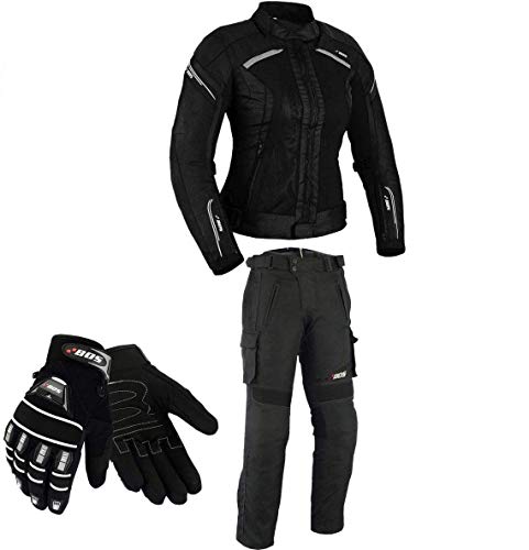 BOSmoto DAMEN MOTORRADKOMBI JACKE + HOSE + HANDSCHUHEN - BIKE MOTORRAD ROCKER TOURING in verschiedenen farben (L, Schwarz) von BOSmoto