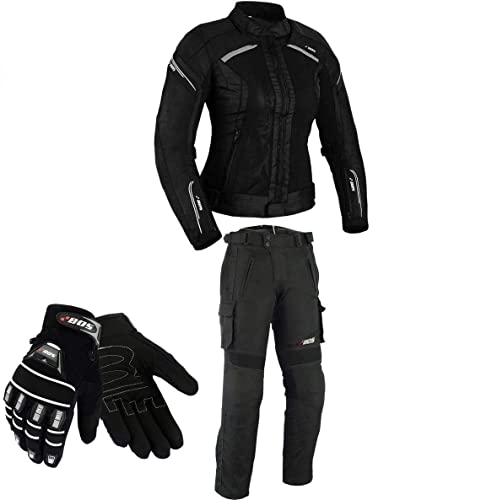 BOSmoto DAMEN MOTORRADKOMBI JACKE + HOSE + HANDSCHUHEN - BIKE MOTORRAD ROCKER TOURING in verschiedenen farben (XXL, Schwarz) von BOSmoto