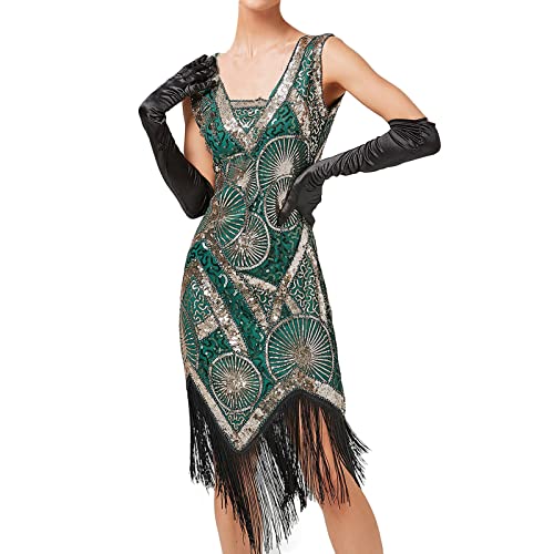 20er Jahre Charleston Kleid, Damen Pailletten Fransen Flapper Gatsby 20's Fransenkleid Damen-Kostüm Abendkleid Frauen Paillettenkleid Ärmellos Sexy Partykleid Elegant Vintage Cocktailkleid Ballkleid von BOTCAM