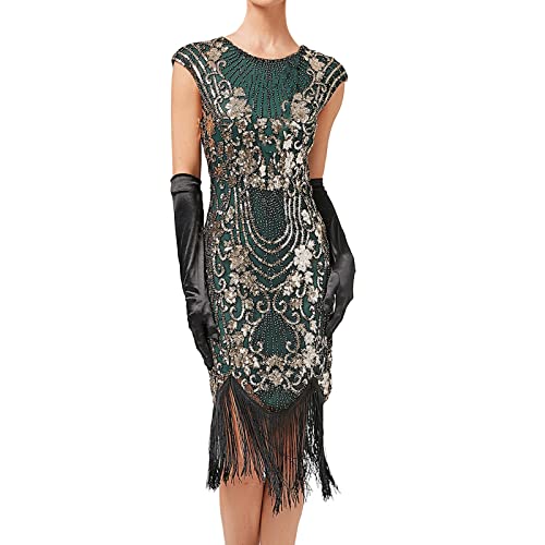 20er Jahre Charleston Kleid, Damen Pailletten Fransen Flapper Gatsby 20's Fransenkleid Damen-Kostüm Abendkleid Frauen Paillettenkleid Ärmellos Sexy Partykleid Elegant Vintage Cocktailkleid Ballkleid von BOTCAM