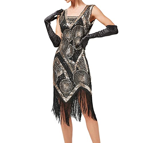 20er Jahre Charleston Kleid, Damen Pailletten Fransen Flapper Gatsby 20's Fransenkleid Damen-Kostüm Abendkleid Frauen Paillettenkleid Ärmellos Sexy Partykleid Elegant Vintage Cocktailkleid Ballkleid von BOTCAM