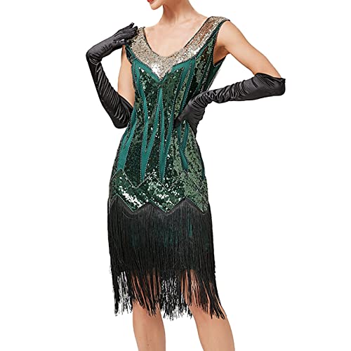 20er Jahre Charleston Kleid, Damen Pailletten Fransen Flapper Gatsby 20's Fransenkleid Damen-Kostüm Abendkleid Frauen Paillettenkleid Ärmellos Sexy Partykleid Elegant Vintage Cocktailkleid Ballkleid von BOTCAM