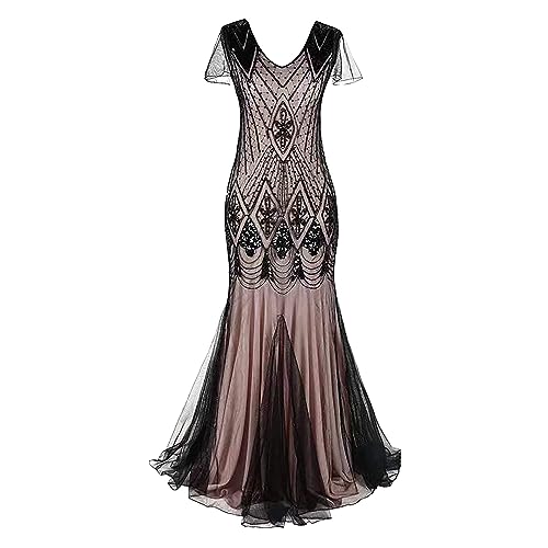 Abendkleid Damen, Lang Abendkleid Damen 1920er Jahre Great Gatsby Kleid Damen Hochzeitskleid mit Pailletten Quaste Partykleid V-Ausschnitt Ärmellos Gatsby Abendkleid Festlich Ballkleid mit Quaste von BOTCAM