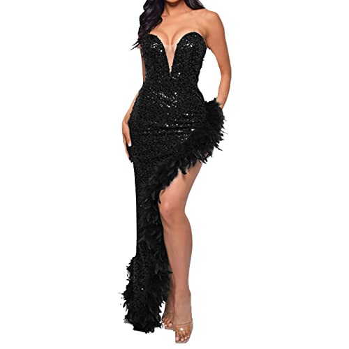 BOTCAM Bandeau Kleider Paillettenkleid für Damen Enges Kleid - Glitzerkleid Damen Partykleid Off Shoulder Ärmellos Bodycon Cocktailkleid Paillettenkleid V-Ausschnitt High Split Abendkleider von BOTCAM